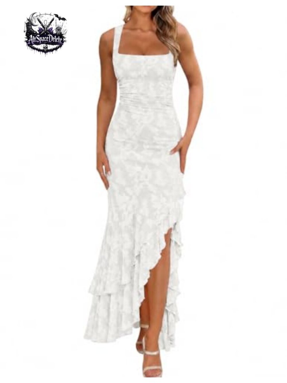 Elegant Ruched Floral Maxi Dress Sleeveless Square Neck Wedding Guest